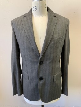 HUGO BOSS, Gray, Charcoal Gray, Viscose, Polyester, Herringbone, Single Breasted, Notched Lapel, 2 Buttons, 3 Pockets, Black Lining