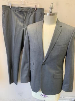 KENNTH COLE, Gray, Wool, Microfiber, Solid, Single Breasted, 2 Buttons,  4 Pockets, Notched Lapel with Pick Stitching