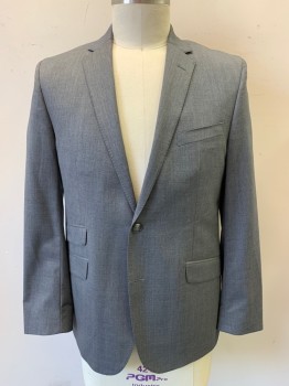 KENNTH COLE, Gray, Wool, Microfiber, Solid, Single Breasted, 2 Buttons,  4 Pockets, Notched Lapel with Pick Stitching