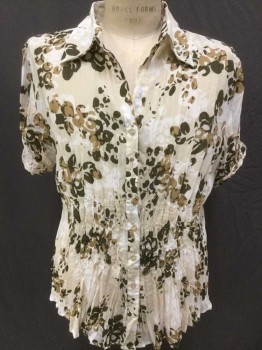 Womens, Blouse, ALLISON TAYLOR (L&L), Beige, White, Brown, Tan Brown, Polyester, Abstract , Floral, XL, Crinkle Beige,white, Brown, Tan Abstract Floral Print, Collar Attached, Button Front, Gather Waist Area, Puffy Short Sleeves,