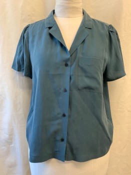 Womens, Blouse, MADEWELL, Teal Blue, Silk, Solid, XL, Collar Attached, Button Front, 1 Pocket, Short Sleeves, Pleated Back