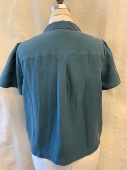 Womens, Blouse, MADEWELL, Teal Blue, Silk, Solid, XL, Collar Attached, Button Front, 1 Pocket, Short Sleeves, Pleated Back