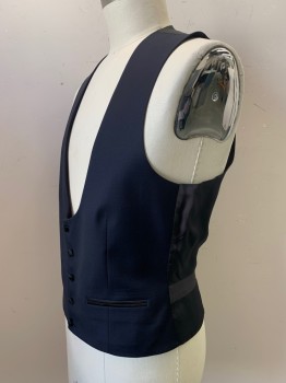 Mens, Suit, Vest, SUIT SUPPLY, Midnight Blue, Black, Wool, Solid, 42L, 5 Buttons, Single Breasted, Low Scoop Neck, Top pockets,