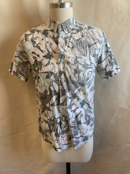 RAIL, White, Faded Black, Lt Blue, Yellow, Red, Cotton, Faded, Floral, Button Down Collar, Short Sleeves, Button Front, 1 Pocket, Faded Floral Pattern