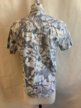 RAIL, White, Faded Black, Lt Blue, Yellow, Red, Cotton, Faded, Floral, Button Down Collar, Short Sleeves, Button Front, 1 Pocket, Faded Floral Pattern