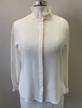 Womens, Blouse, ANNE KLEIN, Cream, Polyester, Solid, XL, Crepe De Chine, Long Sleeves, Band Collar with Ruffle, Button Front, Ruffles at Cuffs
