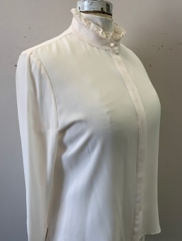 Womens, Blouse, ANNE KLEIN, Cream, Polyester, Solid, XL, Crepe De Chine, Long Sleeves, Band Collar with Ruffle, Button Front, Ruffles at Cuffs