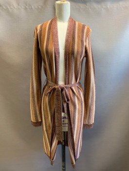 L'ANGENCE, Brown, Black, Tan Brown, Beige, Gold Metallic, Rayon, Polyester, Stripes - Vertical , with Matching Belt, L/S, Long Line