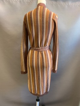 Womens, Sweater, L'ANGENCE, Brown, Black, Tan Brown, Beige, Gold Metallic, Rayon, Polyester, Stripes - Vertical , XS, with Matching Belt, L/S, Long Line