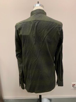 Mens, Casual Shirt, THEORY, Dk Olive Grn, Cotton, Plaid, Solid, 15-.5, M, 34/35, C.A., Button Front, L/S,