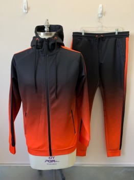 Mens, Sweatsuit Jacket, REBEL MINDS, Black, Red-Orange, Polyester, Spandex, Ombre, W38, C42, L/S, Zip Front, Side Pockets, Hood With D String
