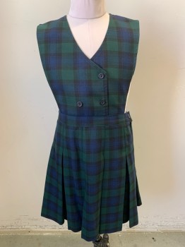 Childrens, Jumper, PRIVATE LINE, Navy Blue, Shamrock Green, Polyester, Rayon, Plaid, 7, Side Zipper, 3 Buttons, V-neck, Inverted Box Pleats, Elastic Waist in Back