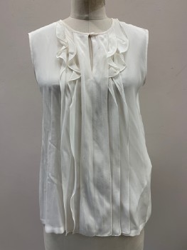 Womens, Blouse, MAX MARA, Off White, Silk, Solid, S, Sleeveless, Ruffled Detail, Round Neck, With 1 Button, Key Hole Front