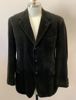 Mens, Sportcoat/Blazer, BROOKS BROS, Dk Brown, Cotton, Solid, 48L, Notched Lapel, 3 Bttn Single Breasted, 3 Pckts, Leather Buttons, Back Double Vent, Corduroy
