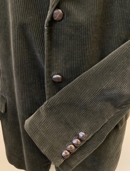 Mens, Sportcoat/Blazer, BROOKS BROS, Dk Brown, Cotton, Solid, 48L, Notched Lapel, 3 Bttn Single Breasted, 3 Pckts, Leather Buttons, Back Double Vent, Corduroy