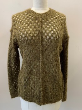 Womens, Pullover, ISABEL MARANT, Moss Green, Brown, Mohair, Wool, 2 Color Weave, L, L/S, Crew Neck, Knit With Holes