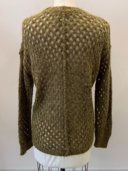 Womens, Pullover, ISABEL MARANT, Moss Green, Brown, Mohair, Wool, 2 Color Weave, L, L/S, Crew Neck, Knit With Holes