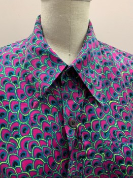 Mens, Casual Shirt, DRIES VAN NOTEN, Magenta Pink, Turquoise Blue, Black, Neon Yellow, Viscose, Animal Print, XL, L/S, Button Front, Chest Pocket, Pointed Collar, Peacock Feather Print