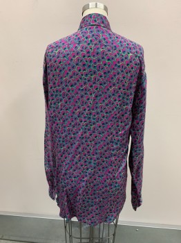 Mens, Casual Shirt, DRIES VAN NOTEN, Magenta Pink, Turquoise Blue, Black, Neon Yellow, Viscose, Animal Print, XL, L/S, Button Front, Chest Pocket, Pointed Collar, Peacock Feather Print