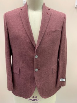 Mens, Sportcoat/Blazer, JIMMY AU, Maroon Red, Rose Pink, Linen, Wool, 2 Color Weave, 44XS, Single Breasted, Notched Lapel, 2 Buttons,  3 Pockets, Double Vent