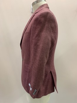 Mens, Sportcoat/Blazer, JIMMY AU, Maroon Red, Rose Pink, Linen, Wool, 2 Color Weave, 44XS, Single Breasted, Notched Lapel, 2 Buttons,  3 Pockets, Double Vent