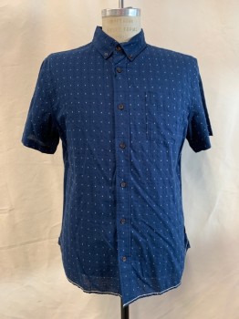 SURFSIDE SUPPLY, Navy Blue, White, Cotton, Dots, Square Dots, Self Grid Texture, Button Front, Collar Attached, 1 Pocket, Button Down Collar, *Shoulder Burn*