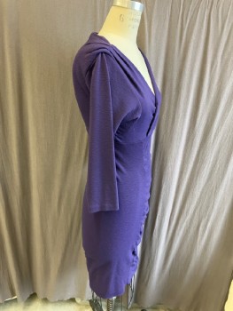 Womens, Dress, Long & 3/4 Sleeve, DVF, Purple, Viscose, Polyamide, Solid, 2,  B:30, Knit, Surplice, With Asymmetrical Gathered Skirt Front & Back,  ,