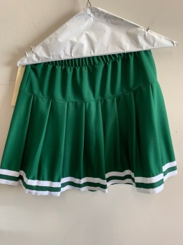 TEAM WORK, Green, White, Polyester, Solid, Stripes, Elastic Waist, Drop Pleated, White Stripe Trim On Hem