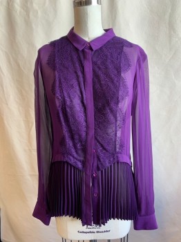KSREN MILLEN, Purple, Silk, Polyester, Solid, Long Sleeves, Button Front, Lace Appliqué Down Bust, See Through, Pleated, V Back, Collar Attached