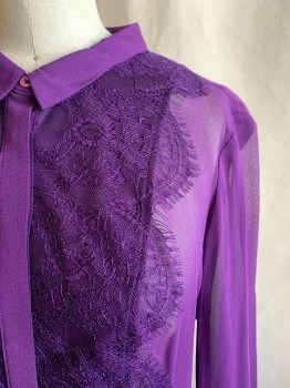 Womens, Blouse, KSREN MILLEN, Purple, Silk, Polyester, Solid, 2, Long Sleeves, Button Front, Lace Appliqué Down Bust, See Through, Pleated, V Back, Collar Attached