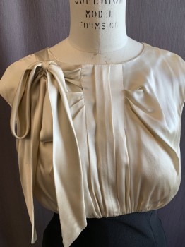 Womens, Cocktail Dress, ABS, Champagne, Black, Silk, Polyester, Color Blocking, B36, 10, W28, Champagne Silk Top, Vertical and Diagonal Pleat Front, Sleeveless, Gathered at Waistband, Loop Right Shoulder with Self Tie Looped Through, Zip Back, Solid Black Knit Pencil Skirt, Hem Below Knee