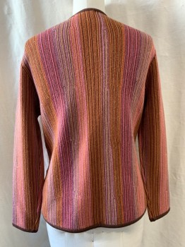 ARNOLD PALMER, Pink, Brown, Burnt Orange, Goldenrod Yellow, Acrylic, Stripes - Vertical , Crew Neck, Single Breasted, Button Front, Brown Ribbed Trim on Neck, Cuff, & Waist *Hole on Neckline