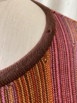 Womens, Cardigan Sweater, ARNOLD PALMER, Pink, Brown, Burnt Orange, Goldenrod Yellow, Acrylic, Stripes - Vertical , B: 38, Crew Neck, Single Breasted, Button Front, Brown Ribbed Trim on Neck, Cuff, & Waist *Hole on Neckline