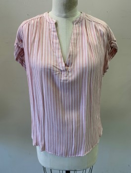 Womens, Top, THE GAP, White, Dusty Red, Rayon, Stripes, XS, S/S, Band Collar with V Neck, Rolled Sleeve, Curved High Low Hem
