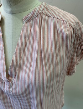 THE GAP, White, Dusty Red, Rayon, Stripes, S/S, Band Collar with V Neck, Rolled Sleeve, Curved High Low Hem