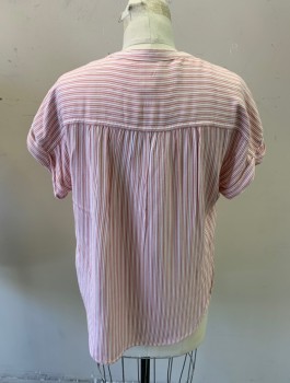 THE GAP, White, Dusty Red, Rayon, Stripes, S/S, Band Collar with V Neck, Rolled Sleeve, Curved High Low Hem