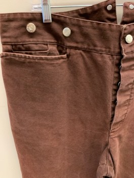 Mens, Historical Fiction Pants, NL, Brown, Cotton, Solid, 35, 38, F.F, Button Front, 3 Pockets, Metal Suspender Buttons, Back Half Belt, 1 Pocket, Aged