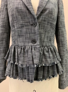 Womens, Blazer, REBECCA TAYLOR, Black, Lt Gray, Cotton, Polyester, 2 Color Weave, 2, 2 Buttons, Single Breasted, Notched Lapel, Layered Pleated Bottom With Fringe Trim,