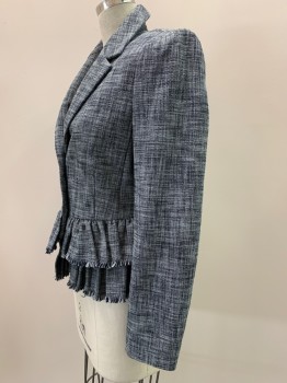 Womens, Blazer, REBECCA TAYLOR, Black, Lt Gray, Cotton, Polyester, 2 Color Weave, 2, 2 Buttons, Single Breasted, Notched Lapel, Layered Pleated Bottom With Fringe Trim,