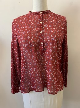 ISABEL ETOILE MARANT, Dk Red, Lilac Purple, Pink, Gray, Cotton, Floral, Band Collar, 4 Btn with Placket, L/S, Slightly Sheer