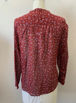 ISABEL ETOILE MARANT, Dk Red, Lilac Purple, Pink, Gray, Cotton, Floral, Band Collar, 4 Btn with Placket, L/S, Slightly Sheer