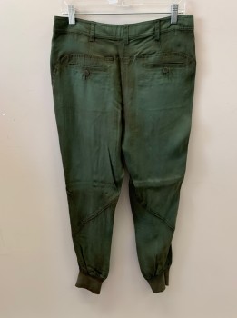 JAMES JEANS, Olive Green, Cotton, Solid, Aged/Distressed, Pleated Front, Zip Fly, Belt Loops, Elastic Cuffs, 4 Pckts,