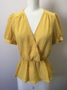 AQUA, Mustard Yellow, Polyester, Polka Dots, Mustard Sheer Chiffon with Self Polka Dots Flocked Texture, Short Puffy Gathered Sleeves with Button Cuffs, Wrapped V-neck with Small Snap Closure at Bust, Elastic Waist with Peplum Style Hem