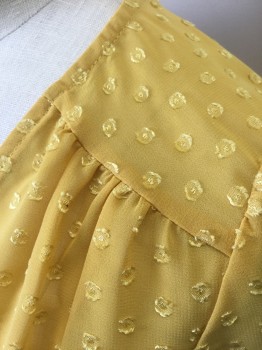 AQUA, Mustard Yellow, Polyester, Polka Dots, Mustard Sheer Chiffon with Self Polka Dots Flocked Texture, Short Puffy Gathered Sleeves with Button Cuffs, Wrapped V-neck with Small Snap Closure at Bust, Elastic Waist with Peplum Style Hem