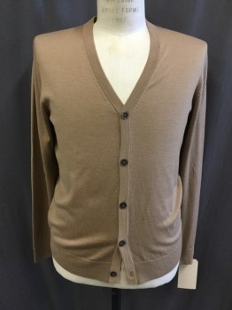 Mens, Cardigan Sweater, UNIQLO, Lt Brown, Wool, Solid, M, V-neck, Button Front,