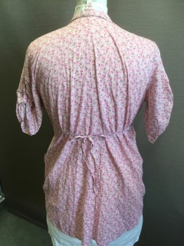 MOSSIMO, Pink, Magenta Pink, Olive Green, White, Tan Brown, Cotton, Floral, Pink with  Magenta Red, Olive, White, Tan Tiny Floral Print, V-neck with Band Collar Attached, Pleats Front, Gathered with Self Thin Belt Beneath Bust Line, Button Front, Short Sleeves with Short Belt