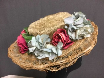 NL, Ecru, Rose Pink, Lt Blue, Wool, Silk, Solid, Floral, Delicate, Horsehair and Thread Loop Design, Low Crown with Brown Grosgrain Band and Alternating Silk Roses and Blue Hydrangeas. Wire Skeleton,