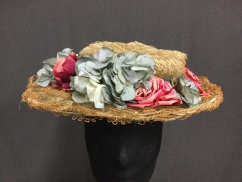 NL, Ecru, Rose Pink, Lt Blue, Wool, Silk, Solid, Floral, Delicate, Horsehair and Thread Loop Design, Low Crown with Brown Grosgrain Band and Alternating Silk Roses and Blue Hydrangeas. Wire Skeleton,