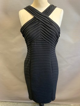 Womens, Cocktail Dress, CALVIN KLEIN, Black, Polyester, Solid, 8, Criss-cross Halter, Horizontal & Diagonal Pleats, Zip Back,