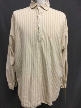 Mens, Historical Fiction Shirt, N/L, Ivory White, Beige, Cotton, Stripes, 34, 16.5, Ivory with Beige Stripes, 3 Buttons,  Collar Attached, Long Sleeves,